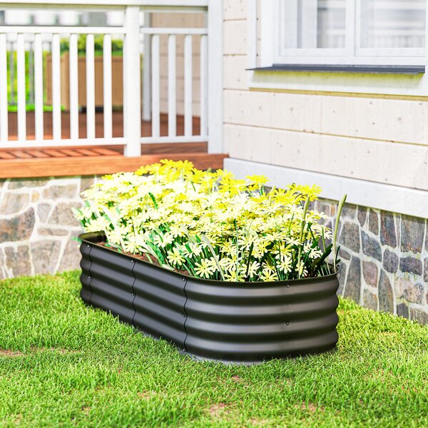 Outsunny Galvanised Raised Garden Bed, Metal Planter Box with Safety Edging, for Flowers, Herbs, Succulents, Dark Grey
