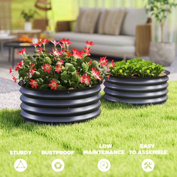 Outsunny Set of 2 Raised Garden Bed, Metal Planter Box with Safety Edging, Easy-to-assemble Stock Tank, Dark Grey Aosom UK