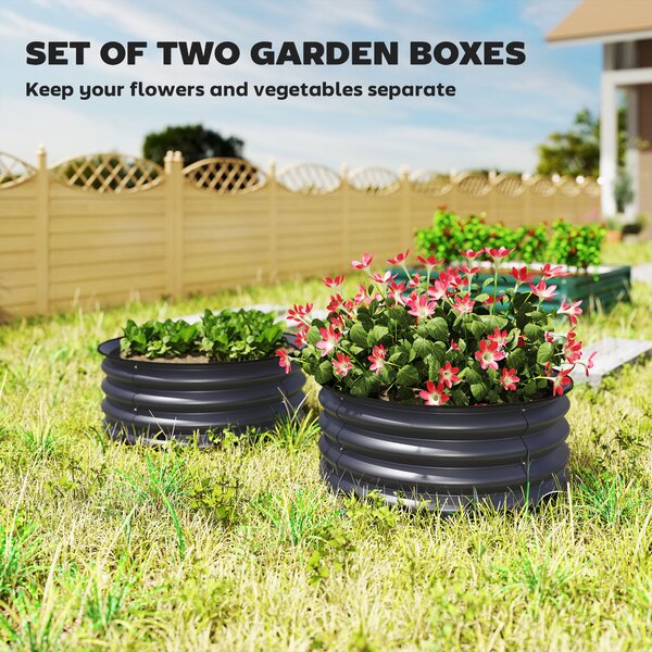 Outsunny Set of 2 Raised Garden Bed, Metal Planter Box with Safety Edging, Easy-to-assemble Stock Tank, Dark Grey Aosom UK