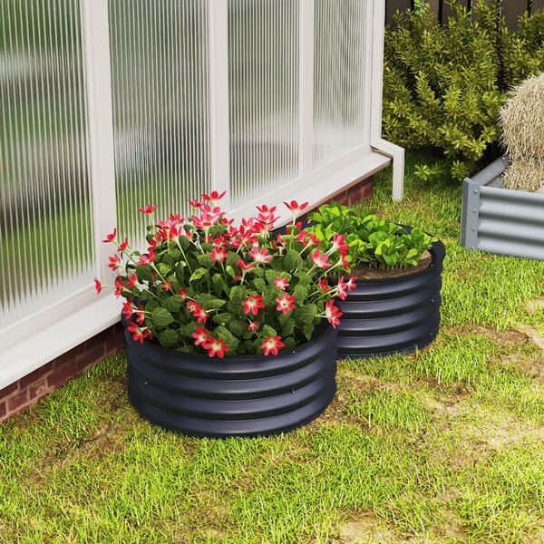 Outsunny Set of 2 Raised Garden Bed, Metal Planter Box with Safety Edging, Easy-to-assemble Stock Tank, Dark Grey Aosom UK