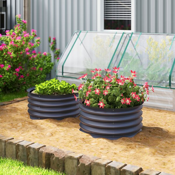 Outsunny Set of 2 Raised Garden Bed, Metal Planter Box with Safety Edging, Easy-to-assemble Stock Tank, Dark Grey Aosom UK