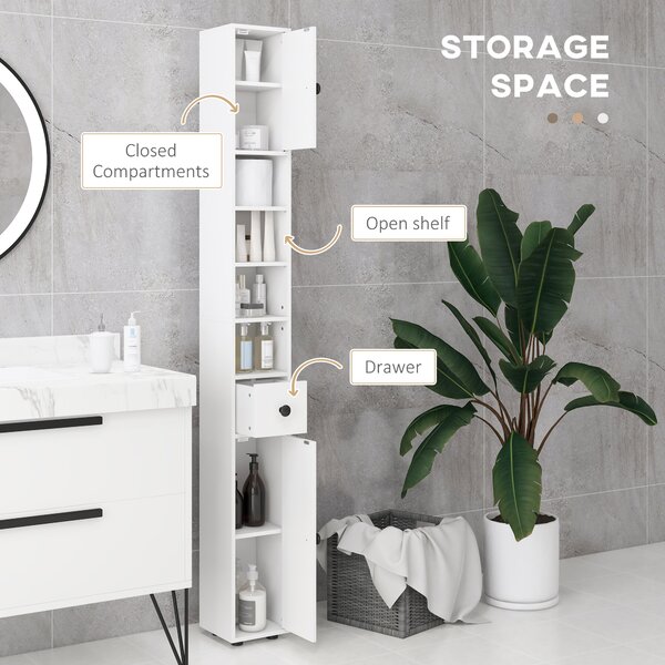 Kleankin 180cm Slim Bathroom Cabinet with 9-layered Independent Storage, Narrow Stoage Cabinet for Family-friendly Storage, White Aosom UK