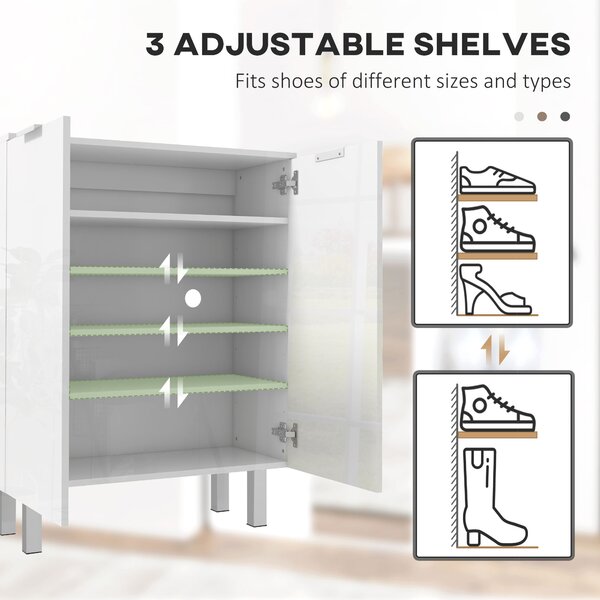 HOMCOM Narrow Shoe Storage Cabinet with Soft-Close Hinges and Adjustable Shelves for 15-20 Pairs of Shoes, High Gloss Aosom UK