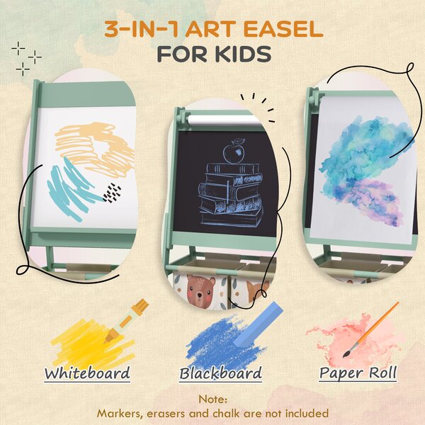 AIYAPLAY 3-in-1 Kids Easel with Paper Roll, Magnetic Whiteboard & Chalkboard, Storage Tray, Non-Toxic Design, Green Aosom UK