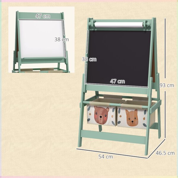 AIYAPLAY 3-in-1 Kids Easel with Paper Roll, Magnetic Whiteboard & Chalkboard, Storage Tray, Non-Toxic Design, Green Aosom UK