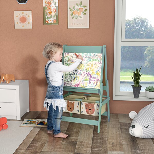 AIYAPLAY 3-in-1 Kids Easel with Paper Roll, Magnetic Whiteboard & Chalkboard, Storage Tray, Non-Toxic Design, Green Aosom UK
