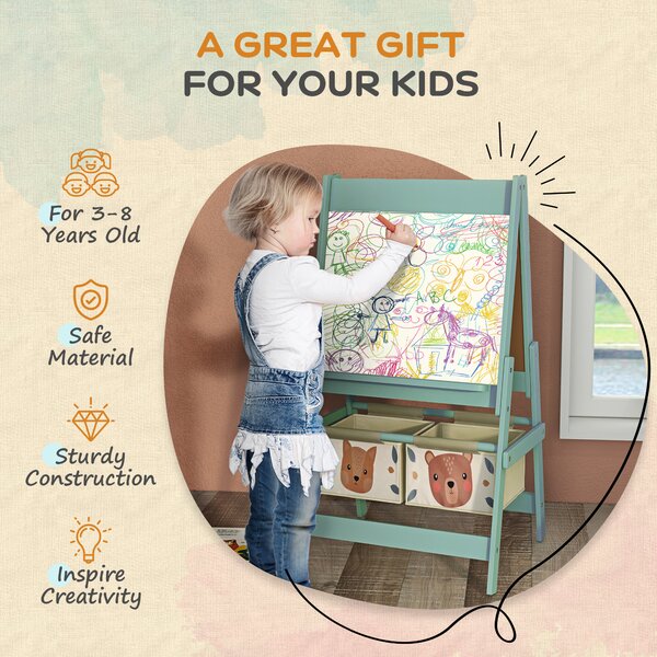 AIYAPLAY 3-in-1 Kids Easel with Paper Roll, Magnetic Whiteboard & Chalkboard, Storage Tray, Non-Toxic Design, Green Aosom UK