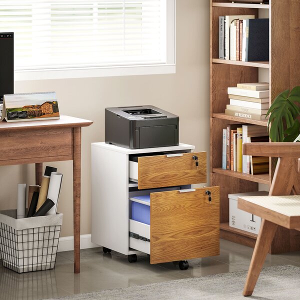HOMCOM 2 Drawer Filing Cabinet w/ Lock & Wheels, Mobile File Cabinet w/ Adjustable Hanging Bars for A4 & Letter, Under Desk Office Cabinet Aosom UK