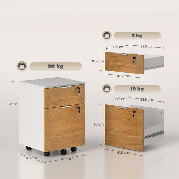 HOMCOM 2 Drawer Filing Cabinet w/ Lock & Wheels, Mobile File Cabinet w/ Adjustable Hanging Bars for A4 & Letter, Under Desk Office Cabinet Aosom UK