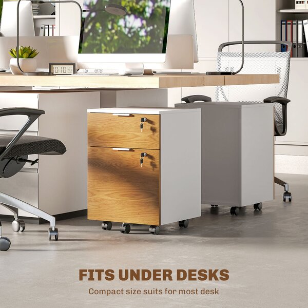 HOMCOM 2 Drawer Filing Cabinet w/ Lock & Wheels, Mobile File Cabinet w/ Adjustable Hanging Bars for A4 & Letter, Under Desk Office Cabinet Aosom UK