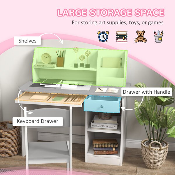 ZONEKIZ Kids Desk and Chair Set with Storage, Children’s Study Table & Chair for 5–8 Years, Wooden Homework Desk, Grey Aosom UK