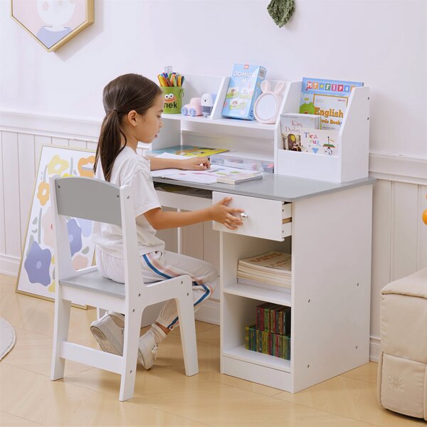 ZONEKIZ Kids Desk and Chair Set with Storage, Children’s Study Table & Chair for 5–8 Years, Wooden Homework Desk, Grey Aosom UK