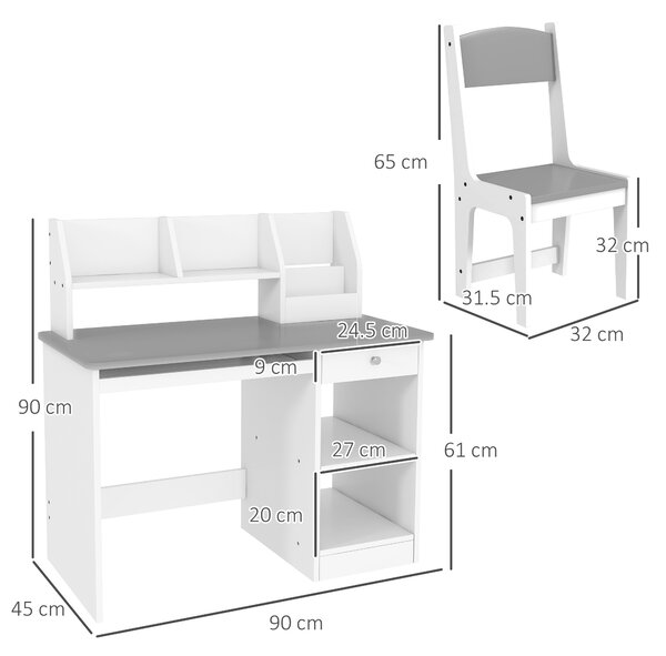 ZONEKIZ Kids Desk and Chair Set with Storage, Children’s Study Table & Chair for 5–8 Years, Wooden Homework Desk, Grey Aosom UK