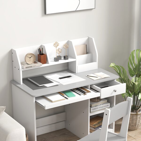 ZONEKIZ Kids Desk and Chair Set with Storage, Children’s Study Table & Chair for 5–8 Years, Wooden Homework Desk, Grey Aosom UK