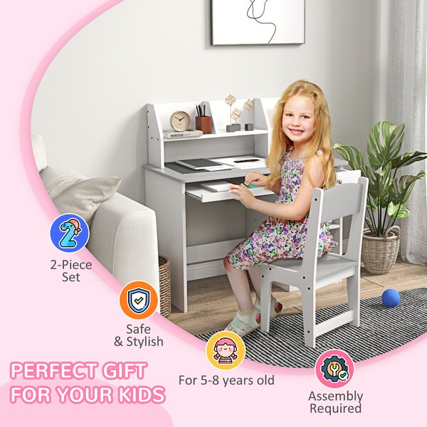 ZONEKIZ Kids Desk and Chair Set with Storage, Children’s Study Table & Chair for 5–8 Years, Wooden Homework Desk, Grey Aosom UK