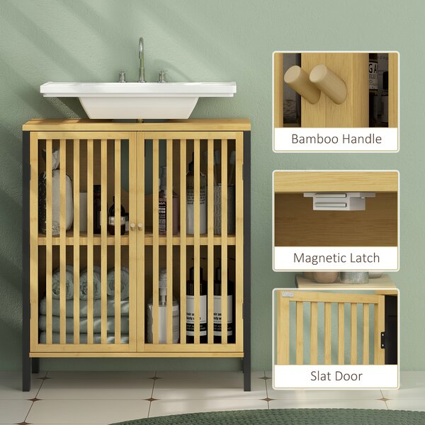 HOMCOM Under Sink Bathroom Cabinet, Bamboo Sink Storage Cabinet, Bathroom Vanity Unit w/ 2 Slat Doors, Adjustable Shelf & U-Shape Slot Aosom UK
