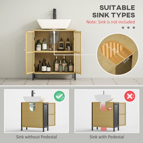 HOMCOM Under Sink Bathroom Cabinet, Bamboo Sink Storage Cabinet, Bathroom Vanity Unit w/ 2 Slat Doors, Adjustable Shelf & U-Shape Slot Aosom UK