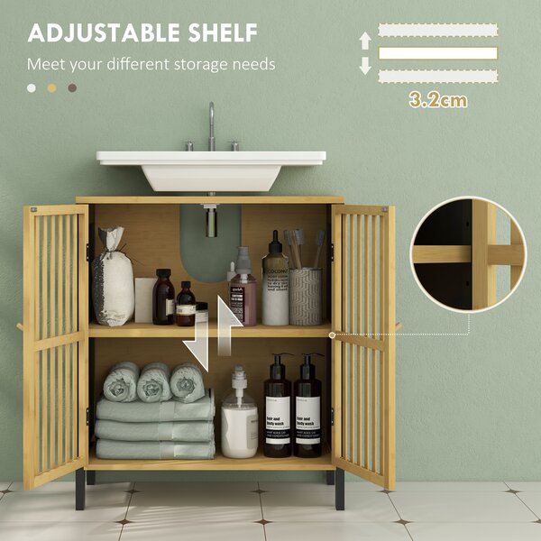 HOMCOM Under Sink Bathroom Cabinet, Bamboo Sink Storage Cabinet, Bathroom Vanity Unit w/ 2 Slat Doors, Adjustable Shelf & U-Shape Slot Aosom UK