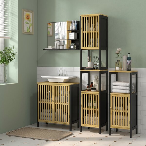 HOMCOM Under Sink Bathroom Cabinet, Bamboo Sink Storage Cabinet, Bathroom Vanity Unit w/ 2 Slat Doors, Adjustable Shelf & U-Shape Slot Aosom UK