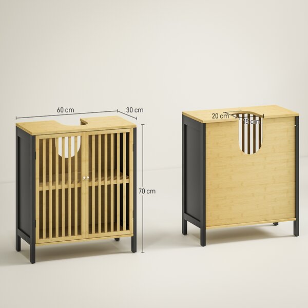 HOMCOM Under Sink Bathroom Cabinet, Bamboo Sink Storage Cabinet, Bathroom Vanity Unit w/ 2 Slat Doors, Adjustable Shelf & U-Shape Slot Aosom UK