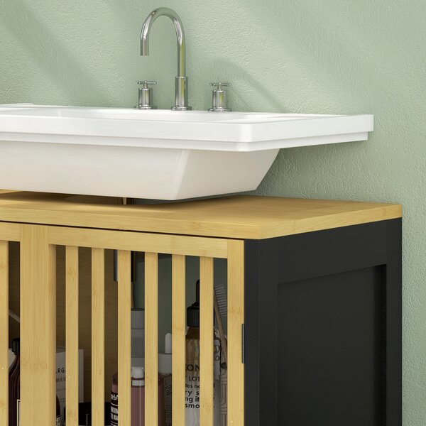 HOMCOM Under Sink Bathroom Cabinet, Bamboo Sink Storage Cabinet, Bathroom Vanity Unit w/ 2 Slat Doors, Adjustable Shelf & U-Shape Slot Aosom UK