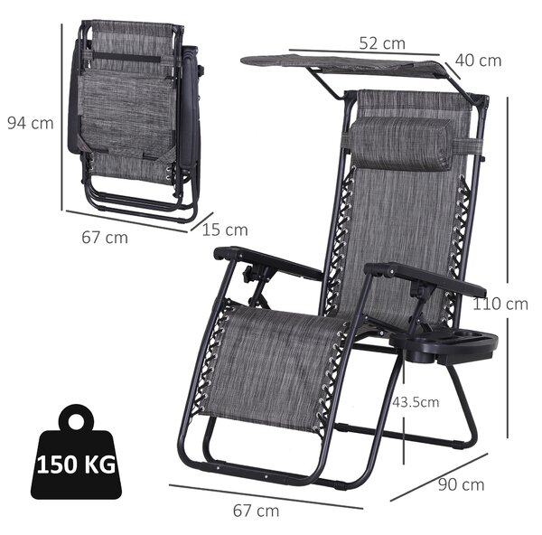 Outsunny 2 Piece Foldable Reclining Garden Chair with Headrest, Zero Gravity Deck Sun Lounger Seat Chair w/ Footrest, Armrest, Cup Holder Aosom UK
