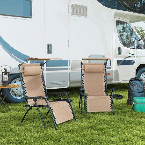 Outsunny 2 Piece Foldable Reclining Garden Chair w/ Headrest, Zero Gravity Deck Sun Lounger Seat Chair w/ Footrest, Cup Holder & Canopy Aosom UK