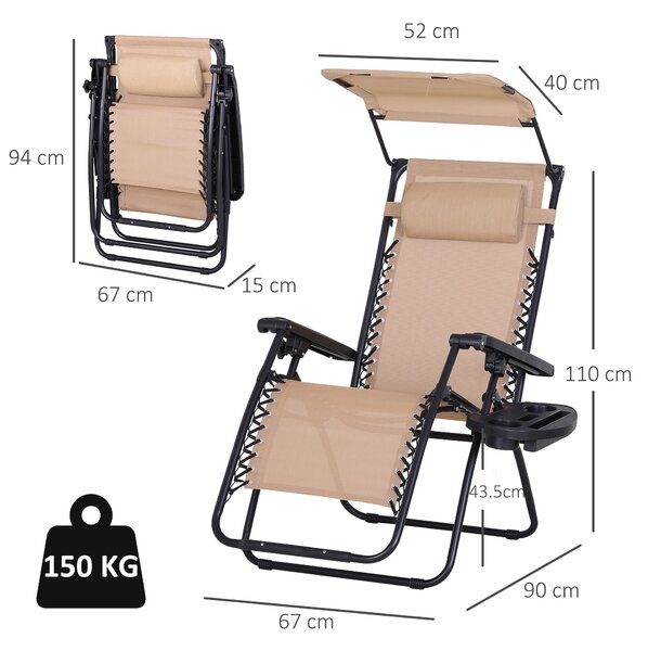 Outsunny 2 Piece Foldable Reclining Garden Chair w/ Headrest, Zero Gravity Deck Sun Lounger Seat Chair w/ Footrest, Cup Holder & Canopy Aosom UK