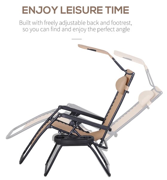 Outsunny 2 Piece Foldable Reclining Garden Chair w/ Headrest, Zero Gravity Deck Sun Lounger Seat Chair w/ Footrest, Cup Holder & Canopy Aosom UK