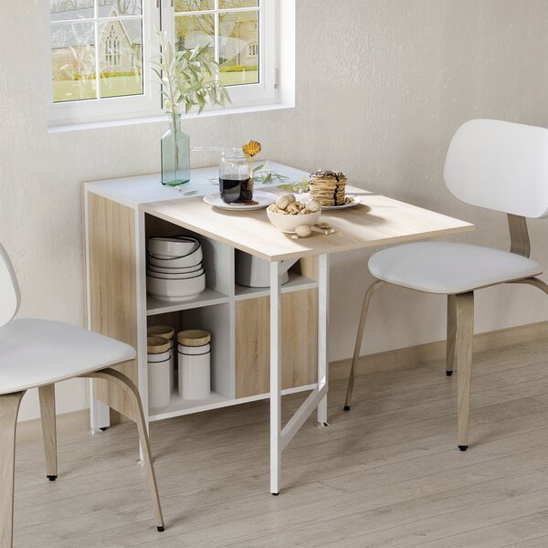HOMCOM Foldable Dining Table Folding Workstation for Small Space with Storage Shelves Cubes Oak & White