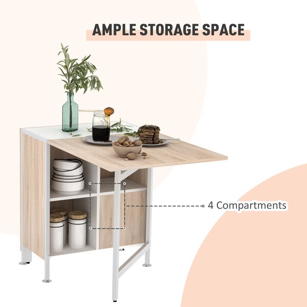 HOMCOM Foldable Dining Table Folding Workstation for Small Space with Storage Shelves Cubes Oak & White