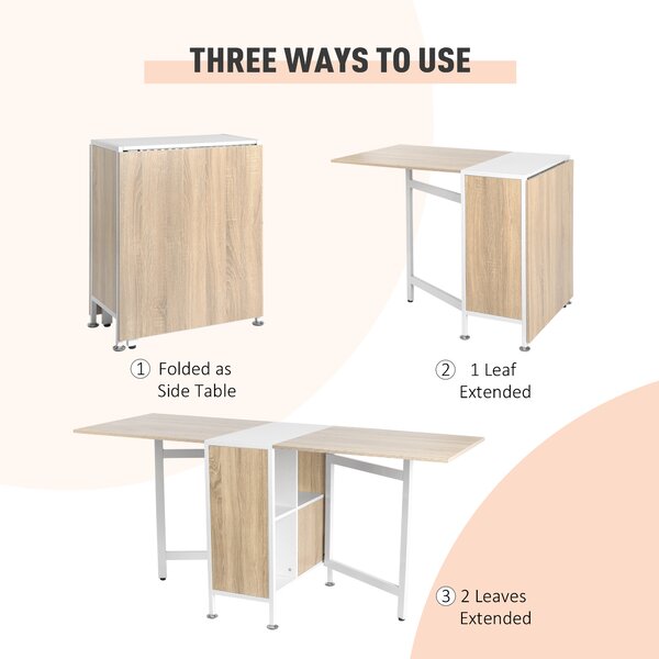 HOMCOM Foldable Dining Table Folding Workstation for Small Space with Storage Shelves Cubes Oak & White