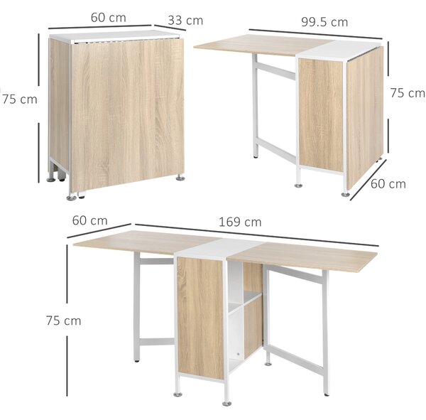 HOMCOM Foldable Dining Table Folding Workstation for Small Space with Storage Shelves Cubes Oak & White