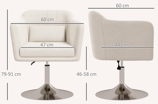 HOMCOM Modern Accent Chair with Swivel Base, Height Adjustable Arm Chair with Pillow for Living Room, Bedroom, Cat Scratch Resistant, Cream White