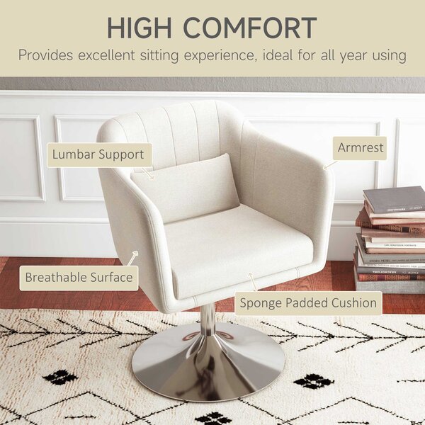HOMCOM Modern Accent Chair with Swivel Base, Height Adjustable Arm Chair with Pillow for Living Room, Bedroom, Cat Scratch Resistant, Cream White