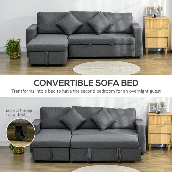 HOMCOM Corner Sofa Bed with Storage, 3 Seater Anti-Cat-Scratch Sofa Bed, Convertible L Shape Sofa Couch for Living Room, Dark Grey Aosom UK