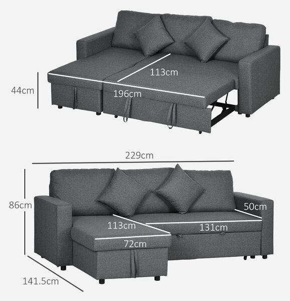 HOMCOM Corner Sofa Bed with Storage, 3 Seater Anti-Cat-Scratch Sofa Bed, Convertible L Shape Sofa Couch for Living Room, Dark Grey Aosom UK