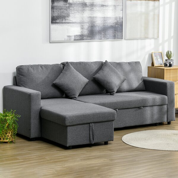 HOMCOM Corner Sofa Bed with Storage, 3 Seater Anti-Cat-Scratch Sofa Bed, Convertible L Shape Sofa Couch for Living Room, Dark Grey Aosom UK