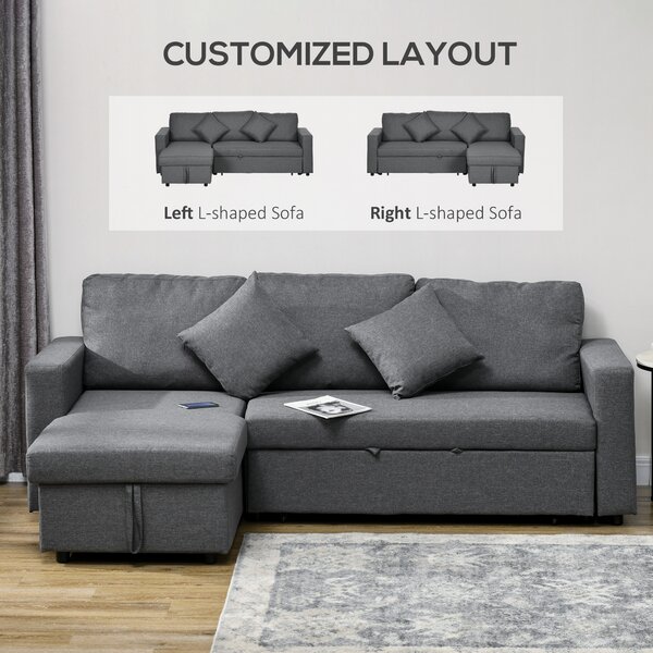 HOMCOM Corner Sofa Bed with Storage, 3 Seater Anti-Cat-Scratch Sofa Bed, Convertible L Shape Sofa Couch for Living Room, Dark Grey Aosom UK