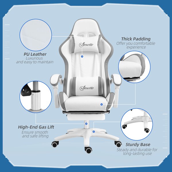Vinsetto Racing Gaming Chair, Reclining PU Leather Computer Chair w/ 360 Degree Swivel Seat, Footrest, Headrest & Lumber, White Aosom UK