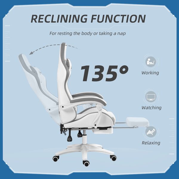 Vinsetto Racing Gaming Chair, Reclining PU Leather Computer Chair w/ 360 Degree Swivel Seat, Footrest, Headrest & Lumber, White Aosom UK