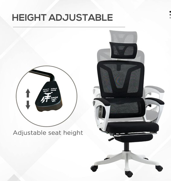 Vinsetto Mesh Office Chair, Adjustable Reclining Desk Chair with Headrest, Lumbar Support, Footrest & Swivel Wheels, Black Aosom UK