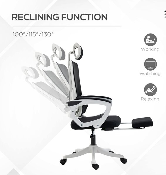 Vinsetto Mesh Office Chair, Adjustable Reclining Desk Chair with Headrest, Lumbar Support, Footrest & Swivel Wheels, Black Aosom UK