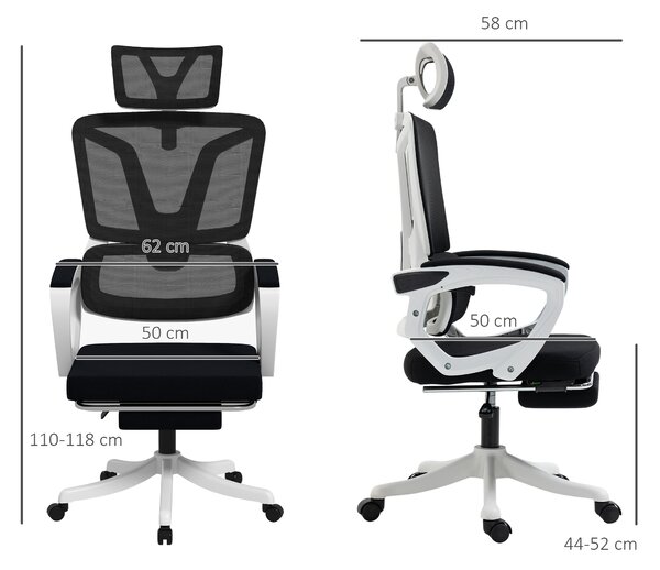 Vinsetto Mesh Office Chair, Adjustable Reclining Desk Chair with Headrest, Lumbar Support, Footrest & Swivel Wheels, Black Aosom UK