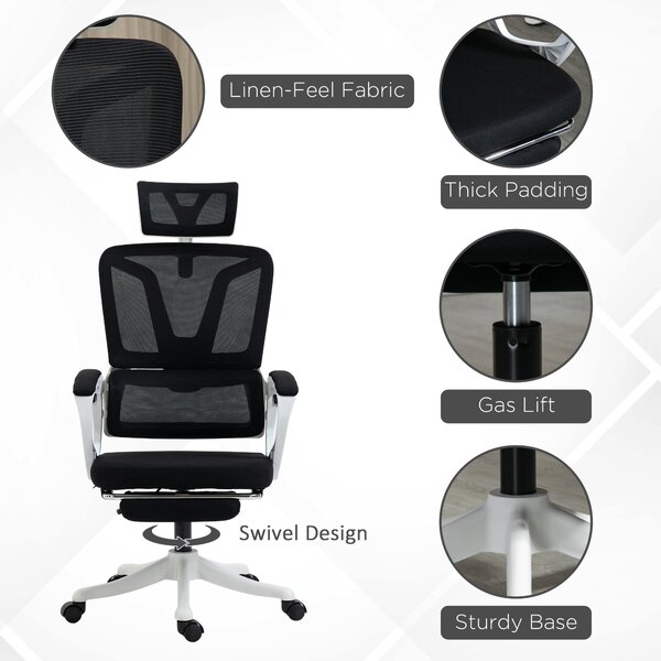 Vinsetto Mesh Office Chair, Adjustable Reclining Desk Chair with Headrest, Lumbar Support, Footrest & Swivel Wheels, Black Aosom UK