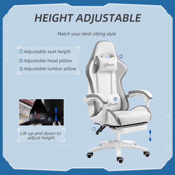 Vinsetto Racing Gaming Chair, Reclining PU Leather Computer Chair w/ 360 Degree Swivel Seat, Footrest, Headrest & Lumber, White Aosom UK