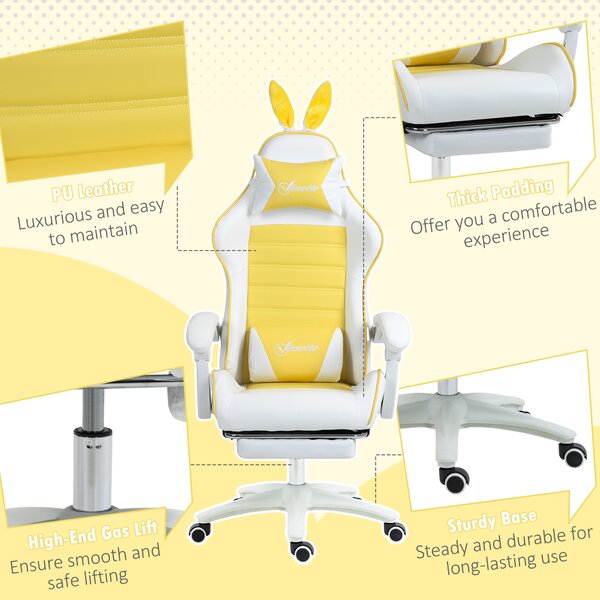 Vinsetto Racing Gaming Chair, Reclining PU Leather Computer Chair with Removable Rabbit Ears, Footrest, Headrest and Lumber Support, Yellow Aosom UK