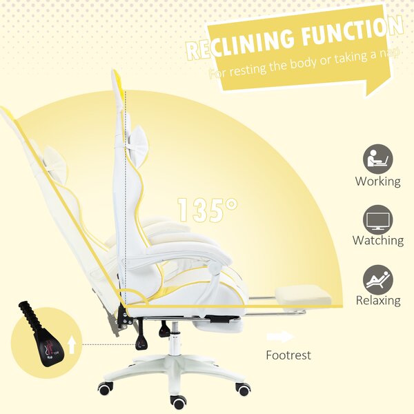 Vinsetto Racing Gaming Chair, Reclining PU Leather Computer Chair with Removable Rabbit Ears, Footrest, Headrest and Lumber Support, Yellow Aosom UK