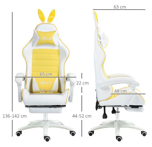 Vinsetto Racing Gaming Chair, Reclining PU Leather Computer Chair with Removable Rabbit Ears, Footrest, Headrest and Lumber Support, Yellow Aosom UK