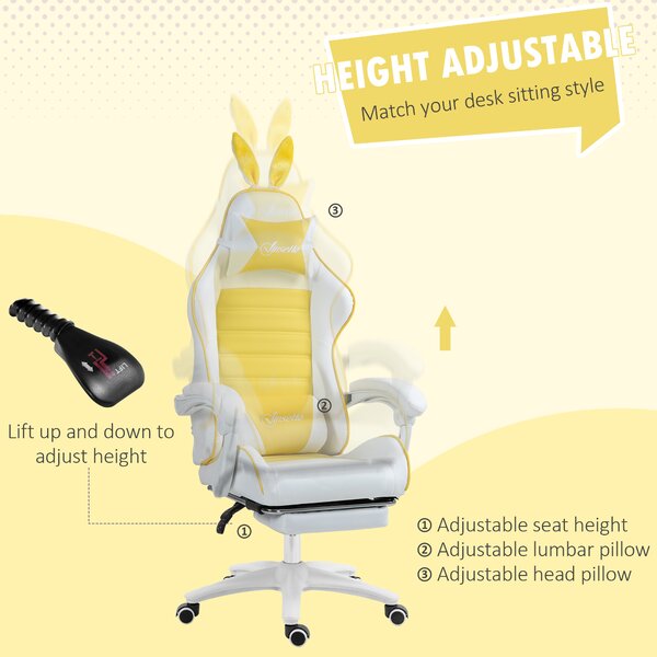Vinsetto Racing Gaming Chair, Reclining PU Leather Computer Chair with Removable Rabbit Ears, Footrest, Headrest and Lumber Support, Yellow Aosom UK